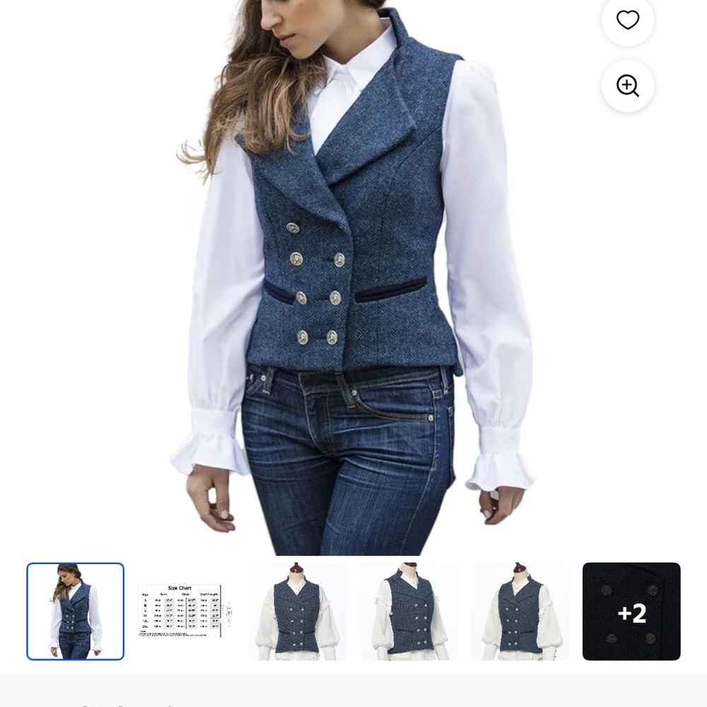 Blue Double-Breasted Vest with White Blouse